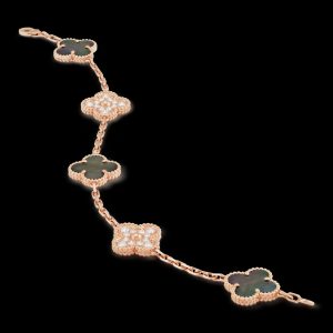 Vòng Tay Van Cleef & Arpels Alhambra Vàng Hồng Kim Cương Xà Cừ Xám 19cm (1)