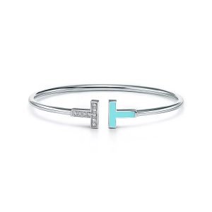 Lắc Tay Tiffany & Co T Chế Tác Vàng Trắng 18K Đính Kim Cương Tự Nhiên Và Đá Ngọc Lam (1)
