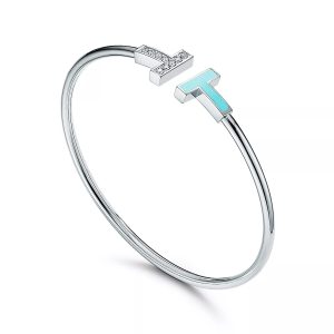 Lắc Tay Tiffany & Co T Chế Tác Vàng Trắng 18K Đính Kim Cương Tự Nhiên Và Đá Ngọc Lam (2)